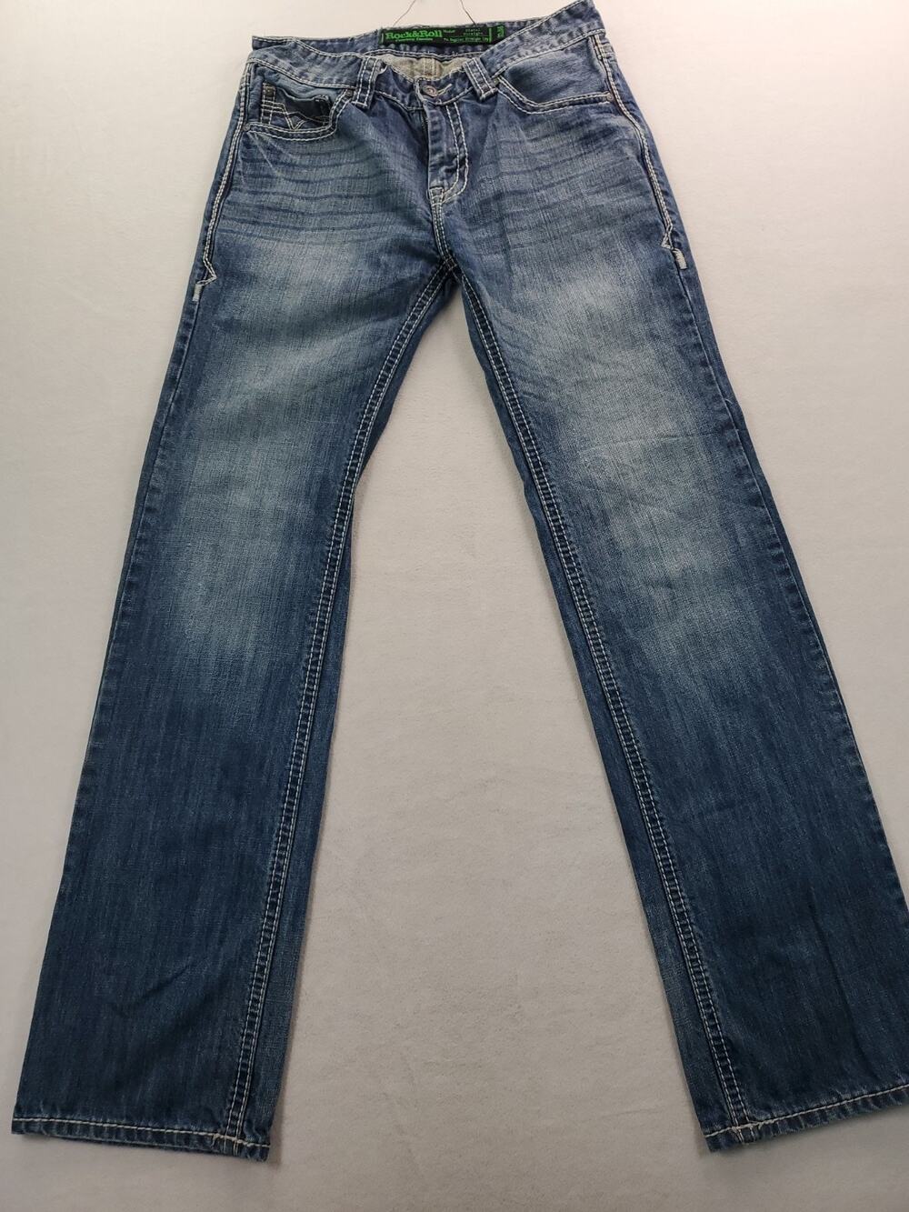 Rock Roll Jeans Pistol Straight Mens 32x36 Blue Heavy Stitch Western